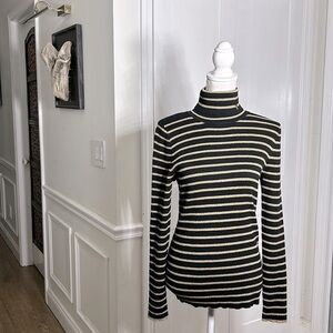 Lauren Ralph Lauren Womens Striped Metallic Turtleneck Sweater Size L Black Gold